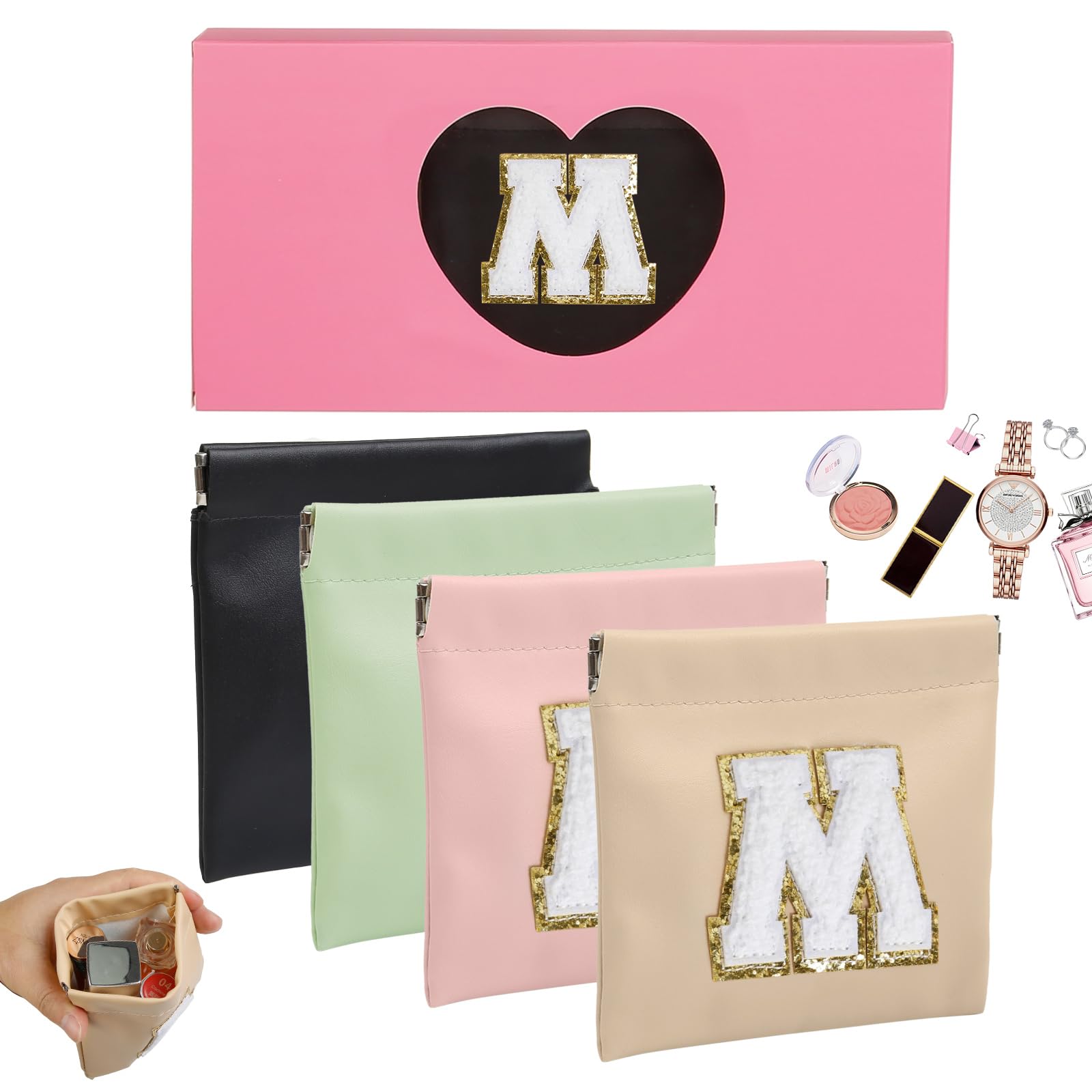 AIBFRID 4 PCS Small Initial Makeup Bag for Purse Mini Portable Cosmetic Bags for Women Coin Purse Lipstick Cosmetic Accessories Organizer Small Travel