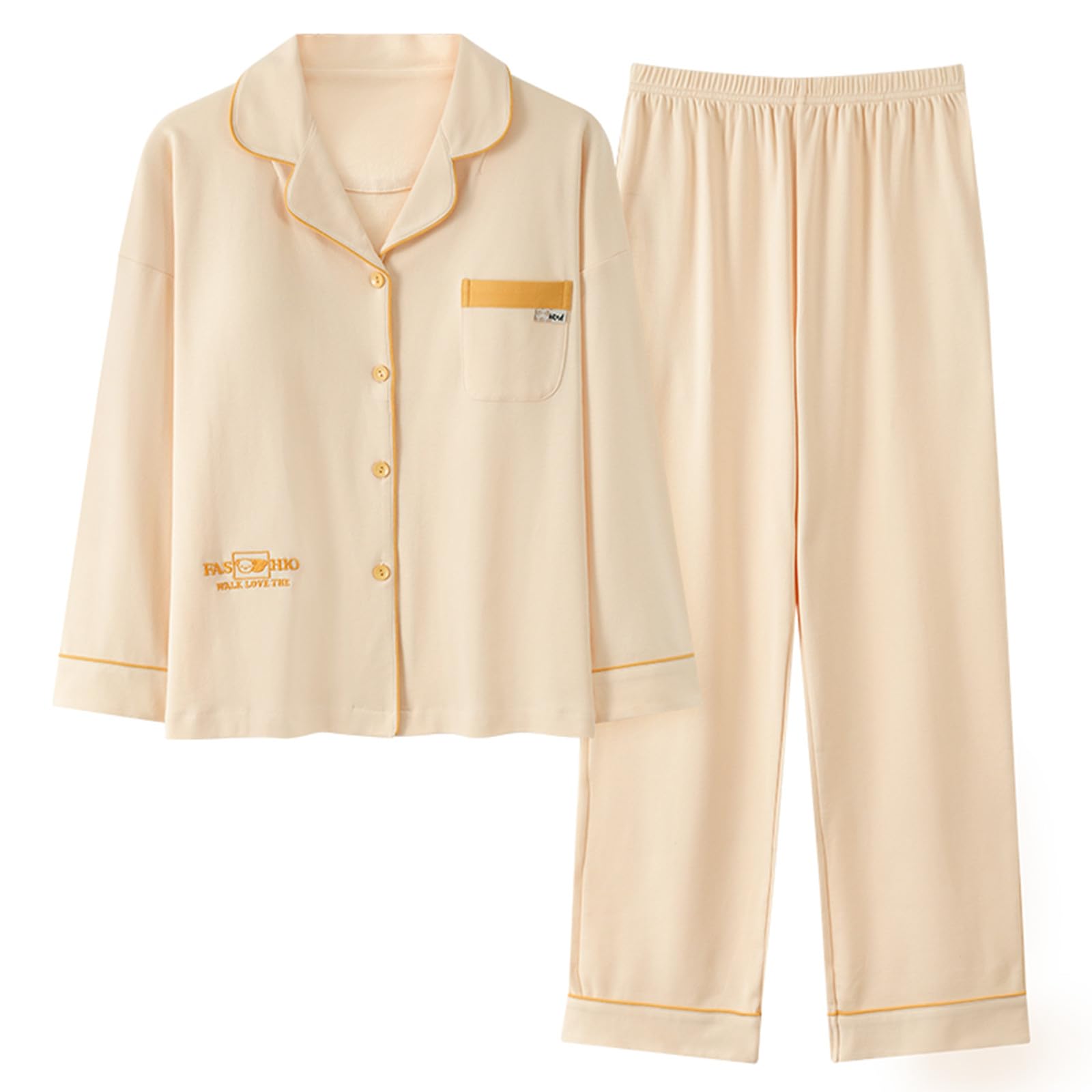 Pigiama Donna Pigiama da Donna A Maniche Lunghe Primavera Autunno con Protezioni per Il Petto - Completo da Casa in Cotone con Colletto A Revers, Morbido E Confortevole-Giallo-m