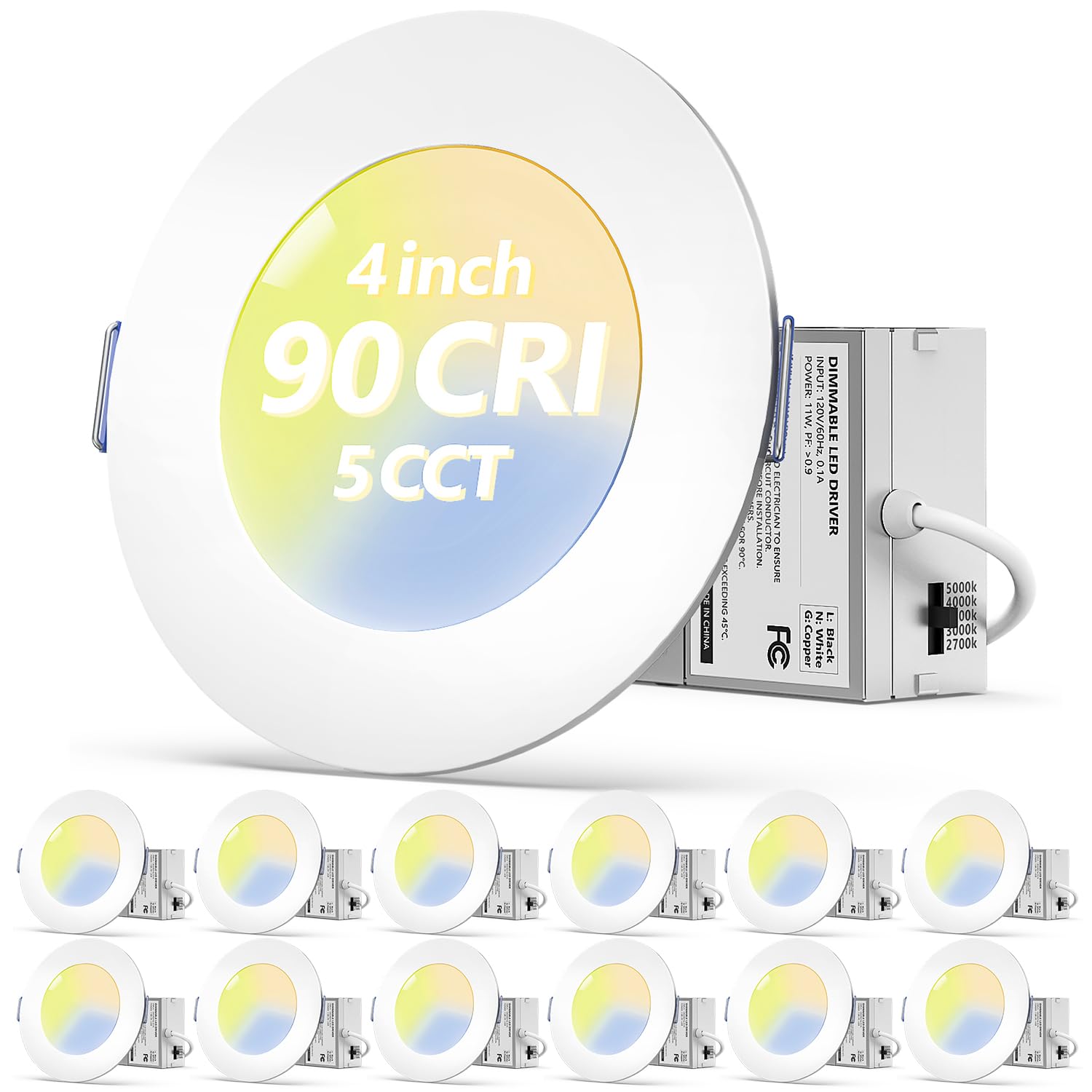 4-Inch LED Recessed Lighting: 12-Pack Dimmable Ultra Thin Canless Ceiling Lights with 5CCT 11W 90CRI 800LM for Super Bright Illumination