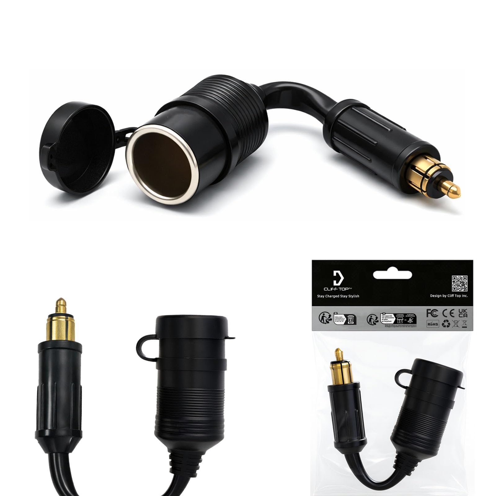 cliff top din to cigarette lighter adapter, 12v/24v hella din to cigarette | 4.5 cm semi-rigid cable, din/hella/powerlet plug to 12v/24v cigarette lighter socket, motorcycle power converter, gps/dc gear