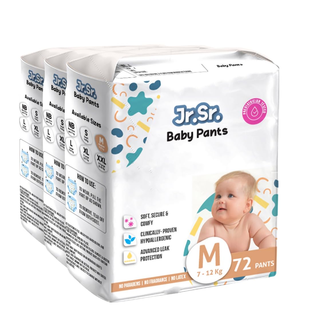 Jr. Sr. Baby Diaper Pants with Advanced Leak Protection | Soft & Comfortable| Medium | 7-12 Kg | 216 Counts | Pack of 3