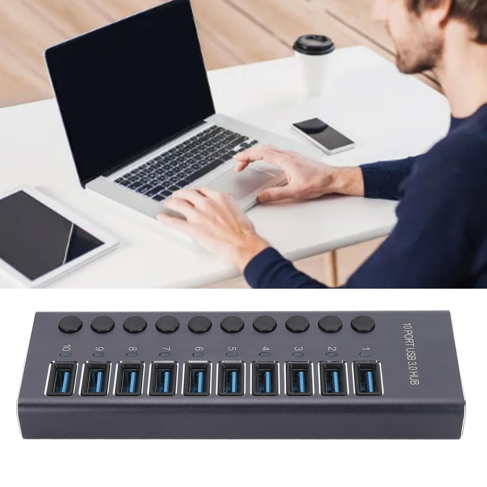 USB 3.0 Hub, 10-portowa Stacja Dokująca ze Stopu Aluminium z Indywidualnymi Przełącznikami LED i Zasilaczem 60W, do Laptopa, Komputera PC, Konsoli do Gier (wtyczka UE)