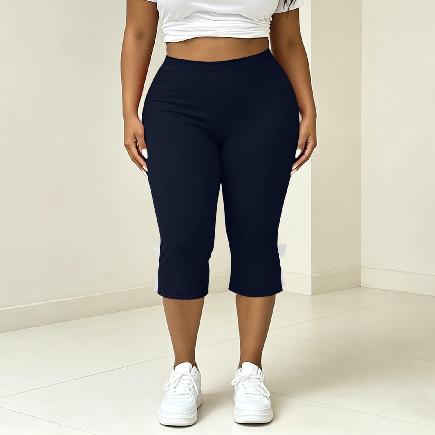 Womens Slim Fit Capri Leggings Bow Tie Up Slit Hem High Waist Capris Pants Sexy Stretchy Yoga Cropped Trousers