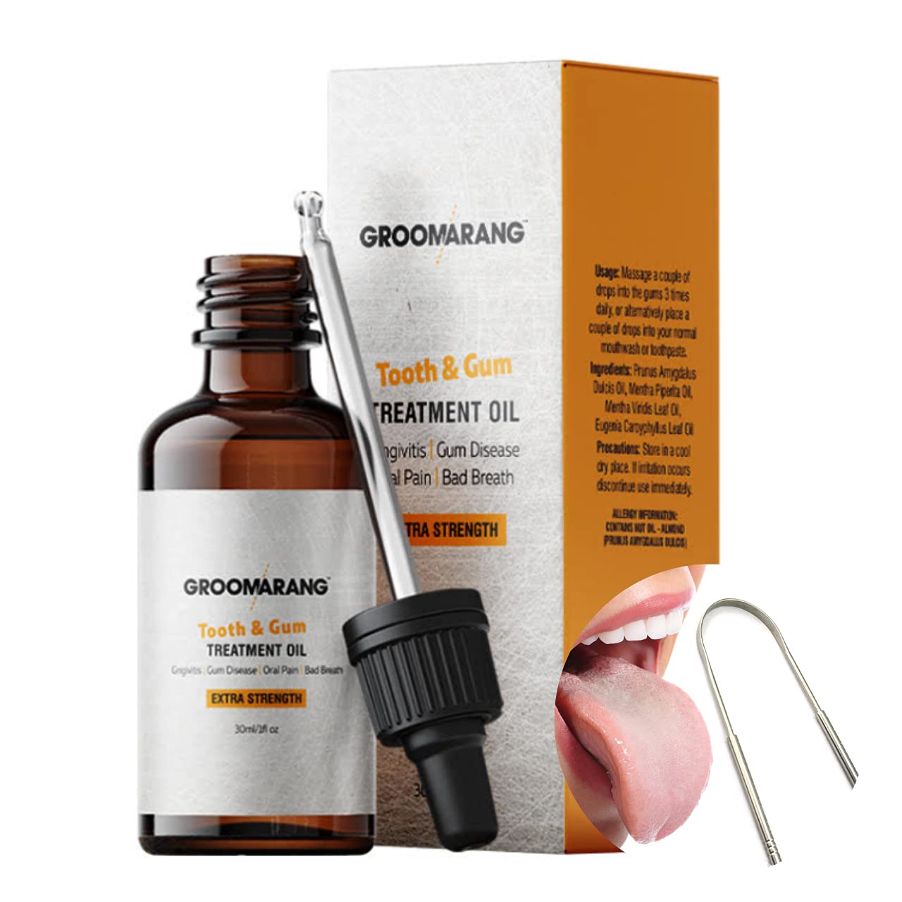 Gum Oil - Made from 100% Pure Botanical Oils (Extra Fresh) Convenient Dropper Bottle for Accurate Dispensing 30ml Includes Stainless Steel Tongue Scraper