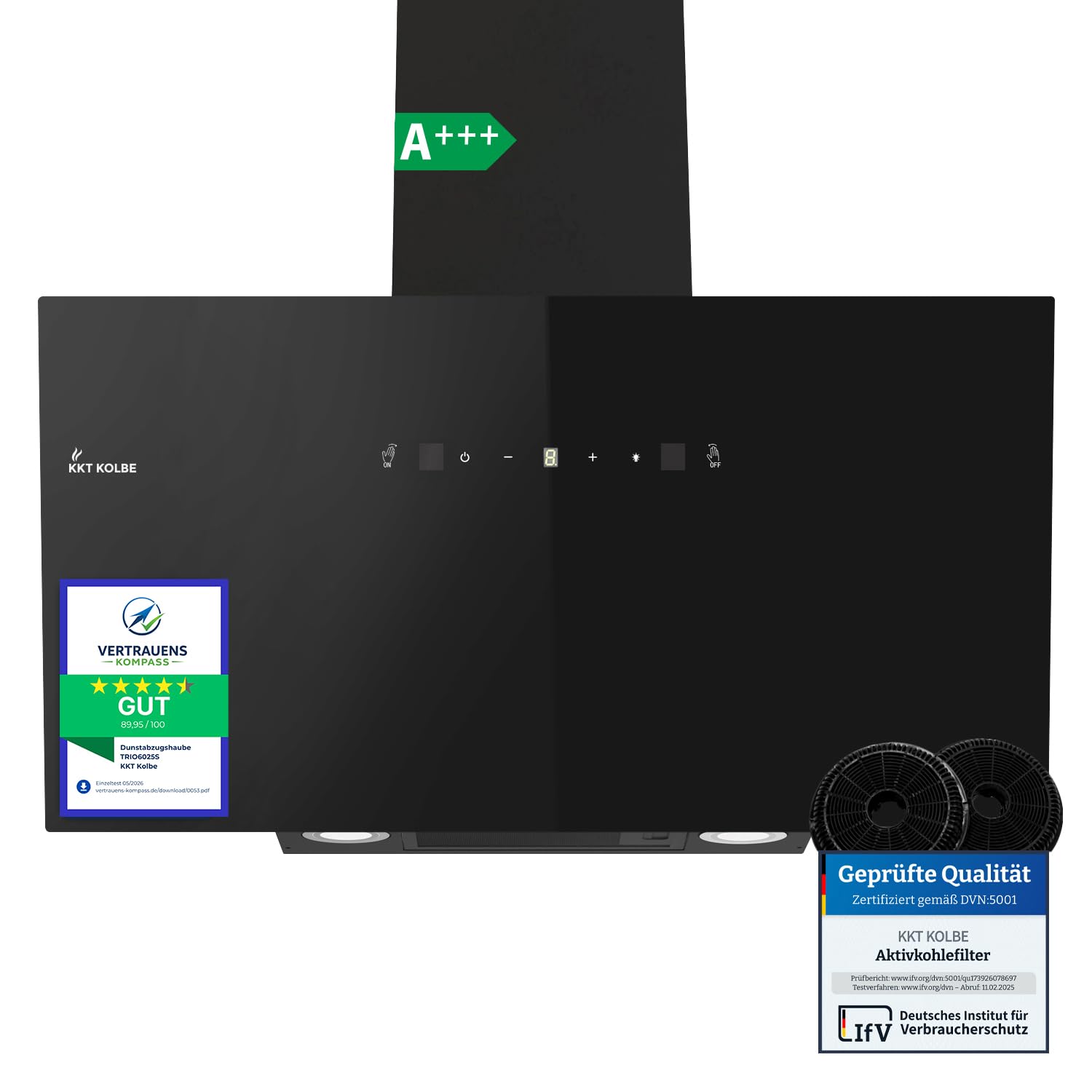 KKT KOLBE TRIO9025S - Cappa aspirante 90 cm, 782 cbm/h, cappe da parete senza testa, colore nero, vetro, controllo gestuale, funzionamento SensorTouch, illuminazione a LED