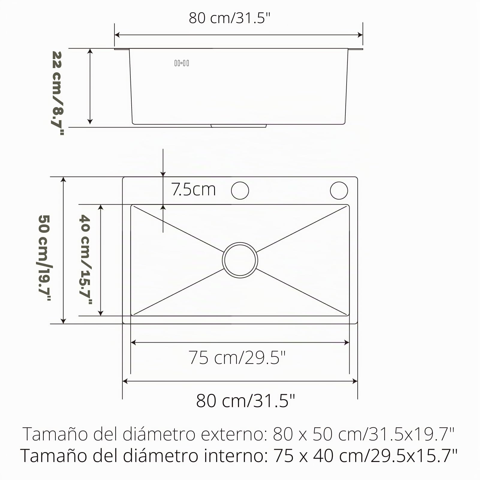 Fregadero Cocina 1 Seno 80 x 50 cm Fregadero Bajo Encimera o Sobre Encimera Con Grifo Fregadero de Acero Inoxidable con Juego de Desagüe
