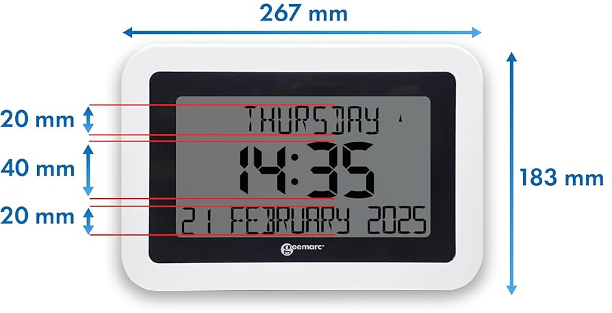 Geemarc Viso8 Calendar Clock With Automatic Time Setting And Large Letters For People With Visual Impairments Battery Operated Without Backlight