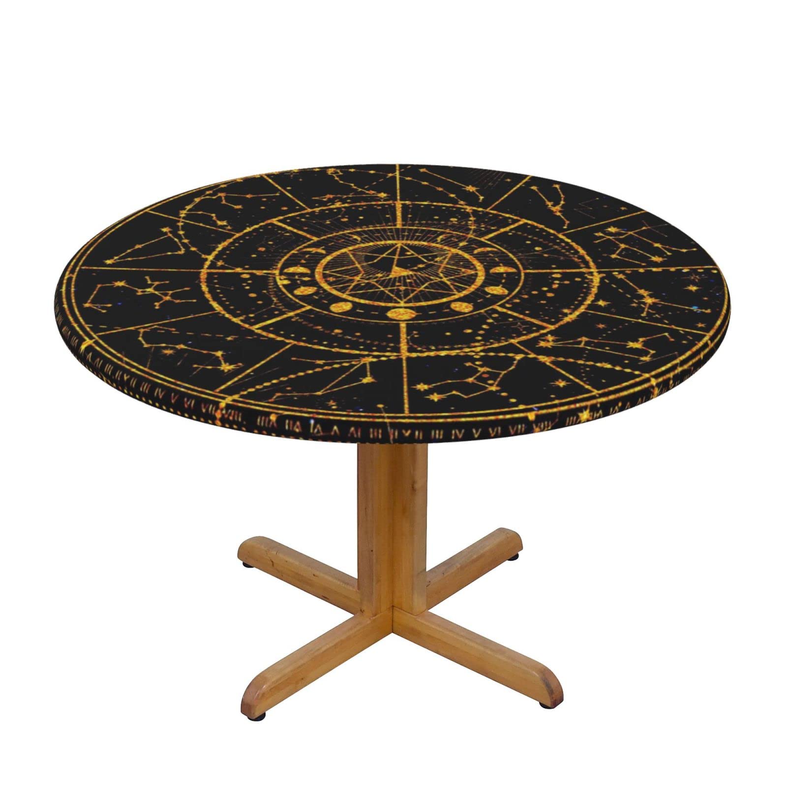 Lsjuee Round Fitted Tablecloth 45-50in Elastic Edged Table Cloth for Kitchen Dining Party Home Decor - Abstract Zodiac Galaxy Golden