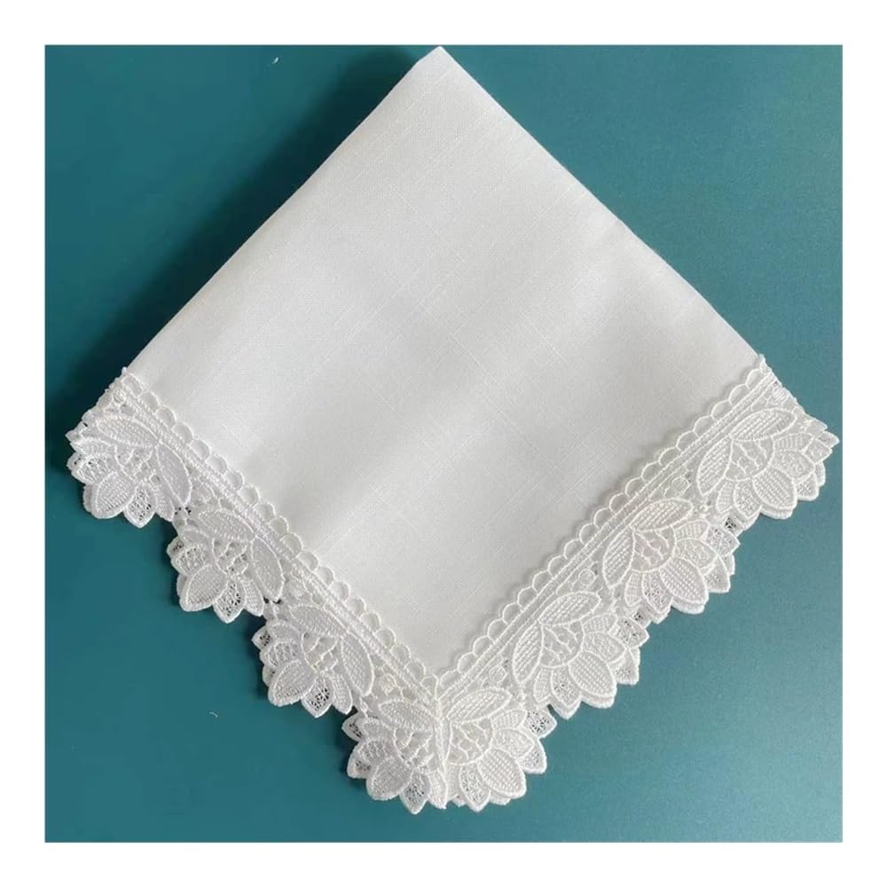 Lot de 6 serviettes de table blanches avec ourlet à jour - Serviettes de cocktail en dentelle et coton - Pour fête, mariage - Gris - 50 x 50 cm