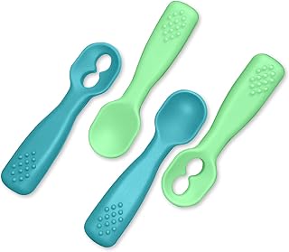 Silicone Baby Spoons First Stage Baby Feeding Spoons Stage 1 and Stage 2-4pcs (Green & Blue)