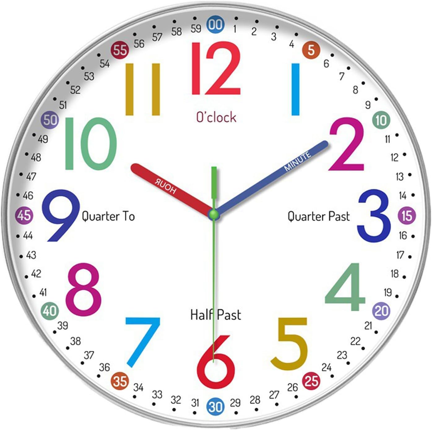 THIDARGO Wall Clock,10 Inch Cute Round Multi-Colored Learning Clock, Silent A...