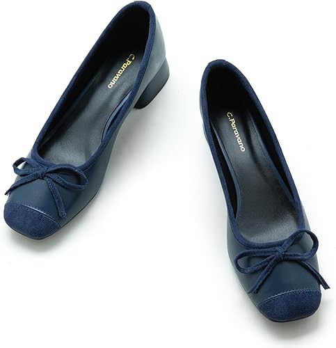 Miniatura 1 de C.Paravano Zapatos de tacón bajo con punta cuadrada para mujer Tacones gruesos con punta cerrada Zapatos de tacón bajo de cuero Zapatos de vestir