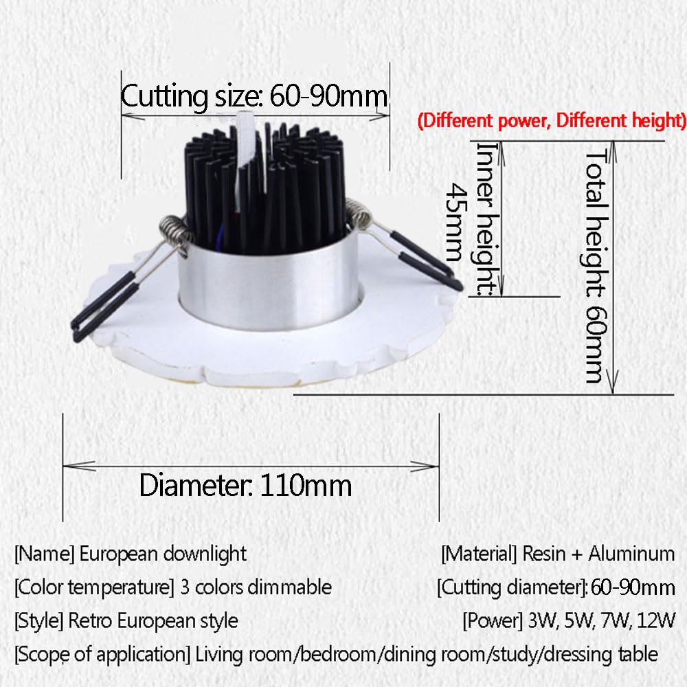 Paquete De 5 Downlight Empotrado LED Europeo con Diseño De Encaje: Lámparas De Techo Regulables De 3W / 5W / 7W / 12W, Molduras De Deflectores Blancos Y Dorados, Temperatura Ajustable