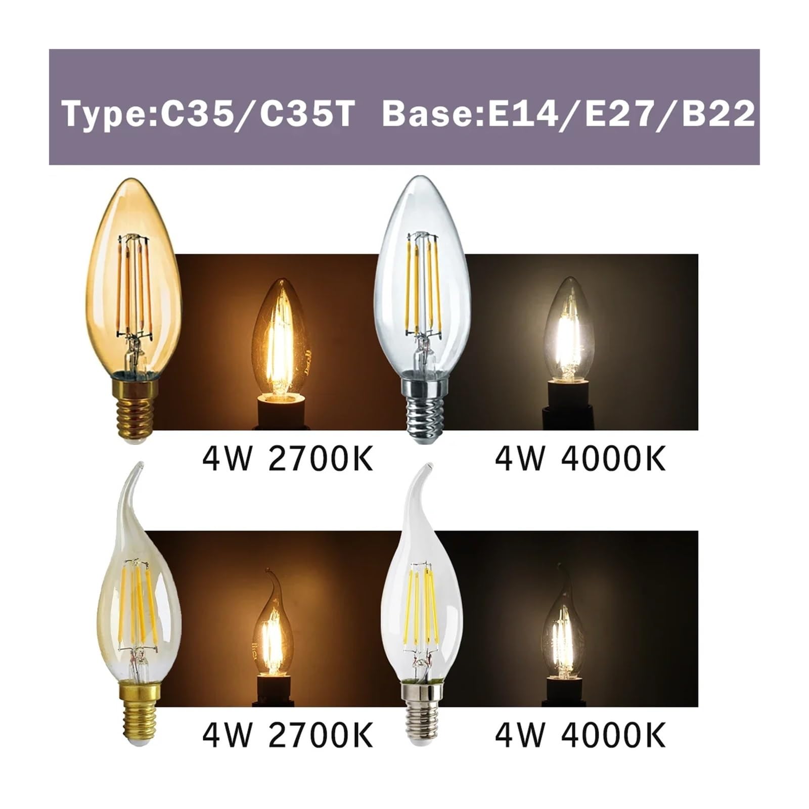 10 Bombillas LED Retro E27 E14 B22 de 220 V, filamento LED for el hogar, G45, A60, ST64, G80, G95, 2700 K, 4000 K.(A60 E27 4000K)
