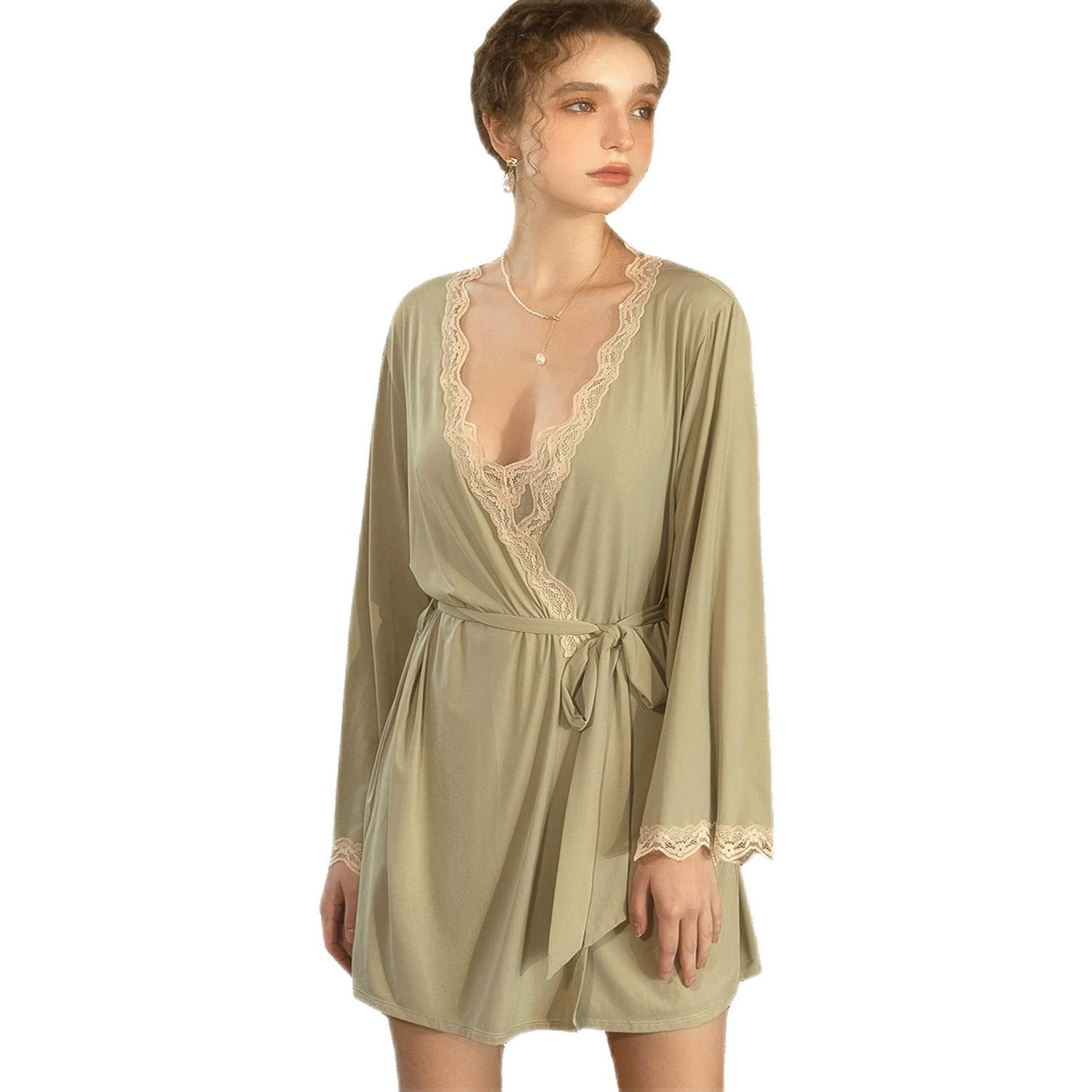 Wzhiming Bathrobe, Women's, Pajamas, Loungewear, Dress, Silky Feel, Yukata Style, Long Nightgown, For Women, Cool Material, Comfortable, Soft, Skin-friendly green