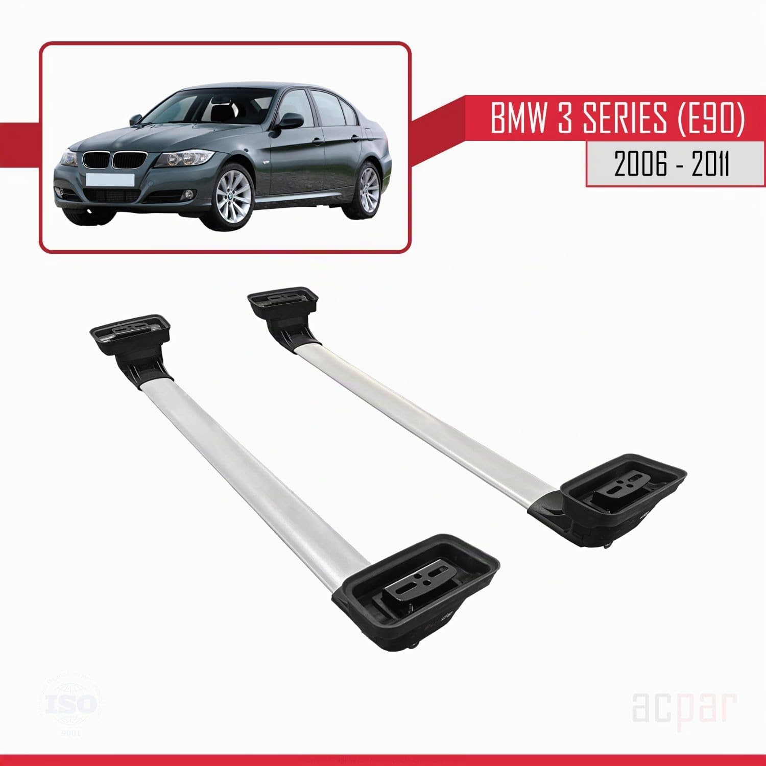 Compatible con BMW Serie 3 (E90) 2005-2012 Modelo Ace-3 Barra de Techo Auto Portaequipajes Barras Transversales Gris Aluminio 2 Barras