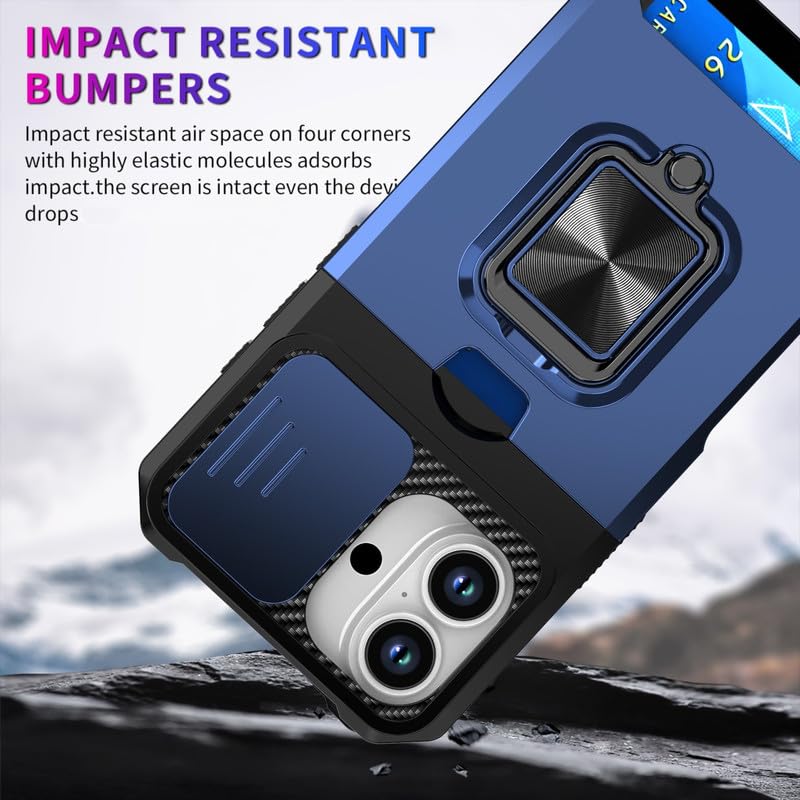 Image of LuxuryKase Shockproof Armor Case for iPhone 17 | Slide Camera Cover | Hidden Card Slot | Rotating Ring Kickstand | Magnetic Car Mount Support | Military Grade Protection - Blue