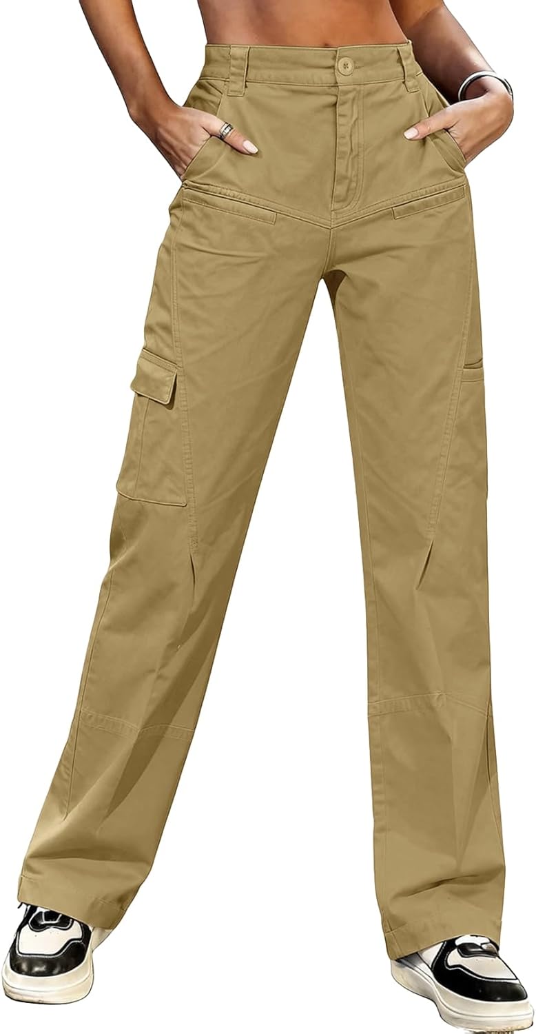 Alfiudad Women's High Waisted Cargo Pants Cotton y2k Baggy Stretchy Streetwear with 8 Pockets Casual Work Hiking Pants
