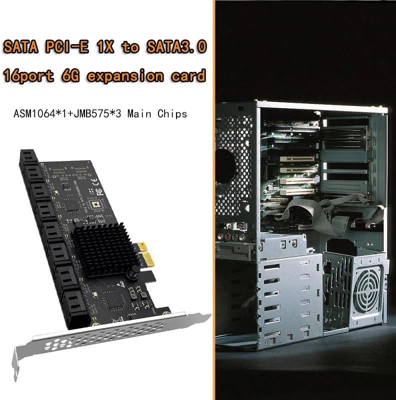 Adapter PCIe 2.0 X1 na SATA 3.0, 16 portów, karta riser, z radiatorem, karta rozszerzeń SSD 6 Gb/s, 4 tryby pamięci, kompatybilna z PCIe X4/X8/X16