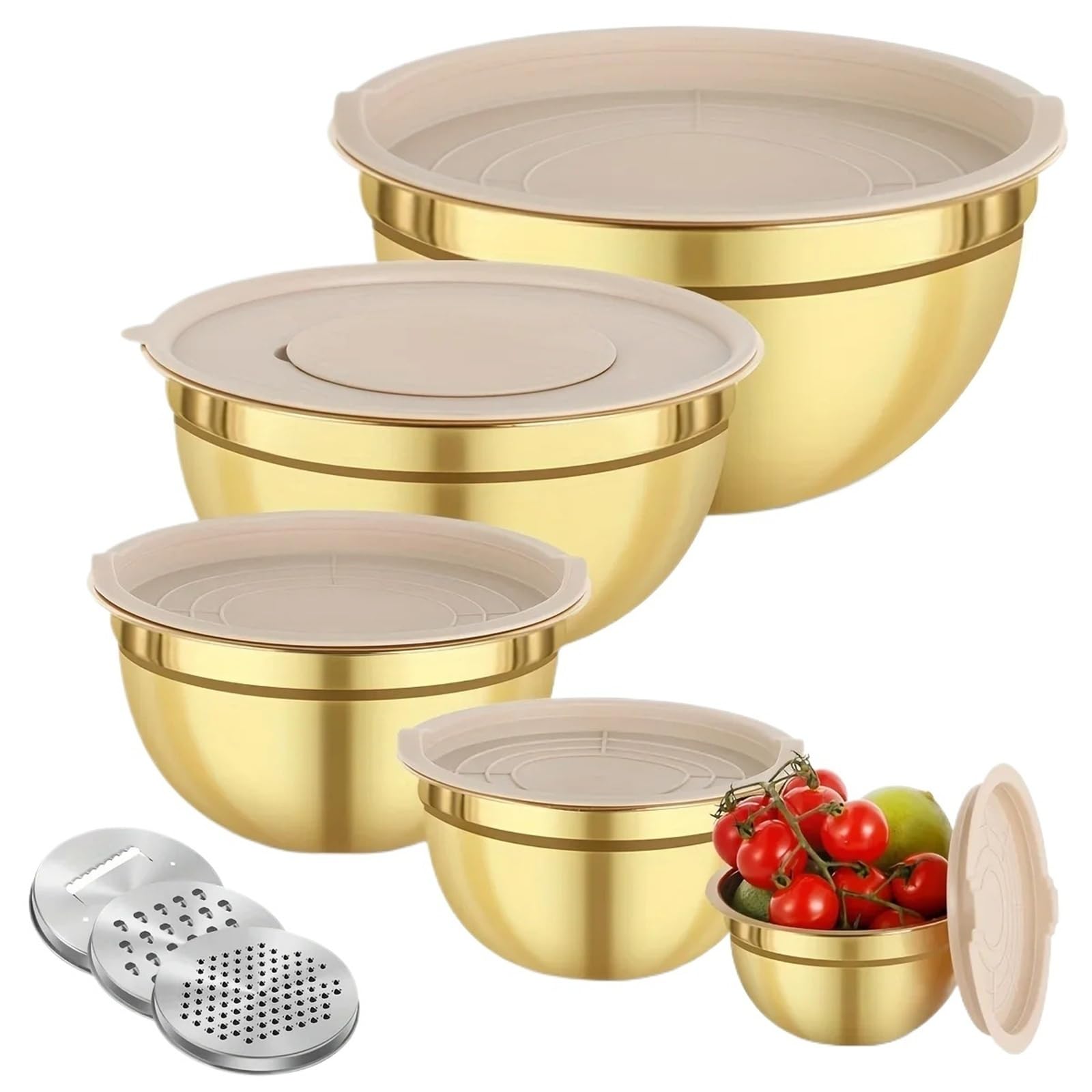 Tazón Para Mezclar Juego de tazones for mezclar acero inoxidable dorado | 10 piezas con sacapuntas de tapa for hornear ensalada de cocción