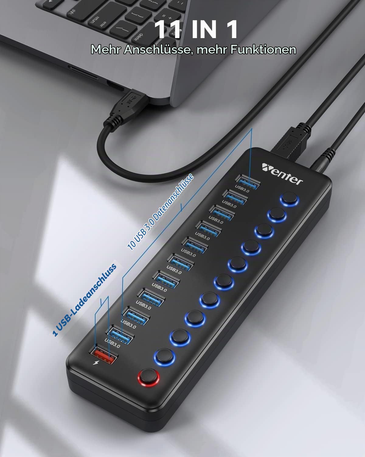Powered USB Hub, Wenter 11-Port USB Splitter Hub (10 Faster Data Transfer Ports+ 1 Smart Charging Port) with Individual LED On/Off Switches, USB Hub 3.0 Powered with Power Adapter for Mac, PC