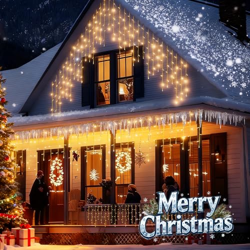 Taoushuleng Solar LED Icicle String Lights 96 LED Waterproof Christmas Lights with 16 Drops 8 Lighting Modes Hanging Fairy Lights for Eaves Garden Holiday Decoration (Warm White)