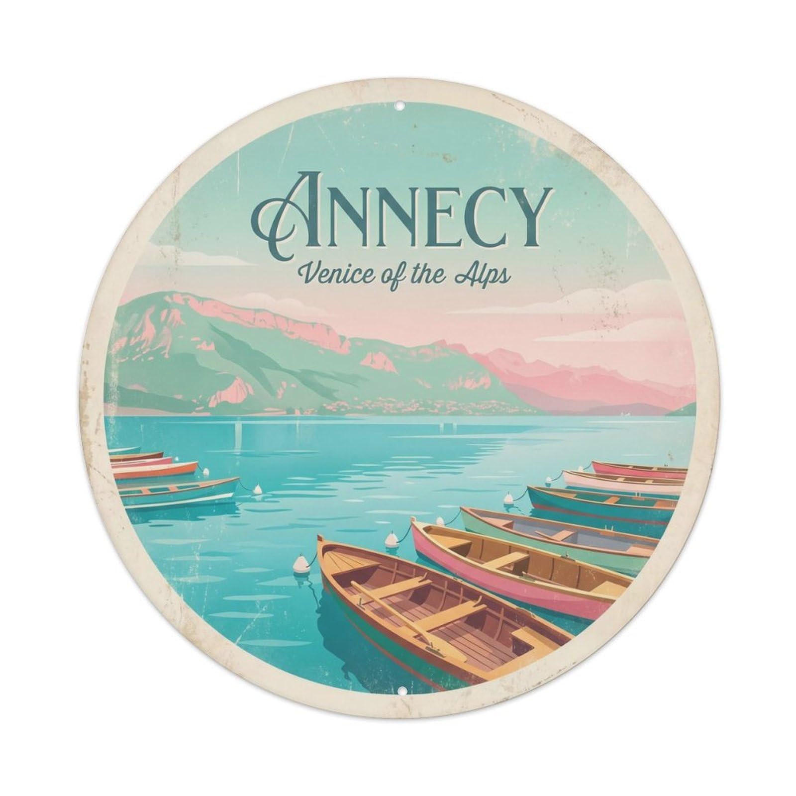 Vintage Travel Annecy Lake Alps Metal Tin Sign Plaque Wall Decor for Cafe, Club Bar, Office, Home Garden Round Metal Poster 8x8Inch