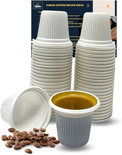 Qbin Mini tazas desechables de estilo cubano y café expreso, tarjeta de recetas de 34 oz incluida, paquete de 50