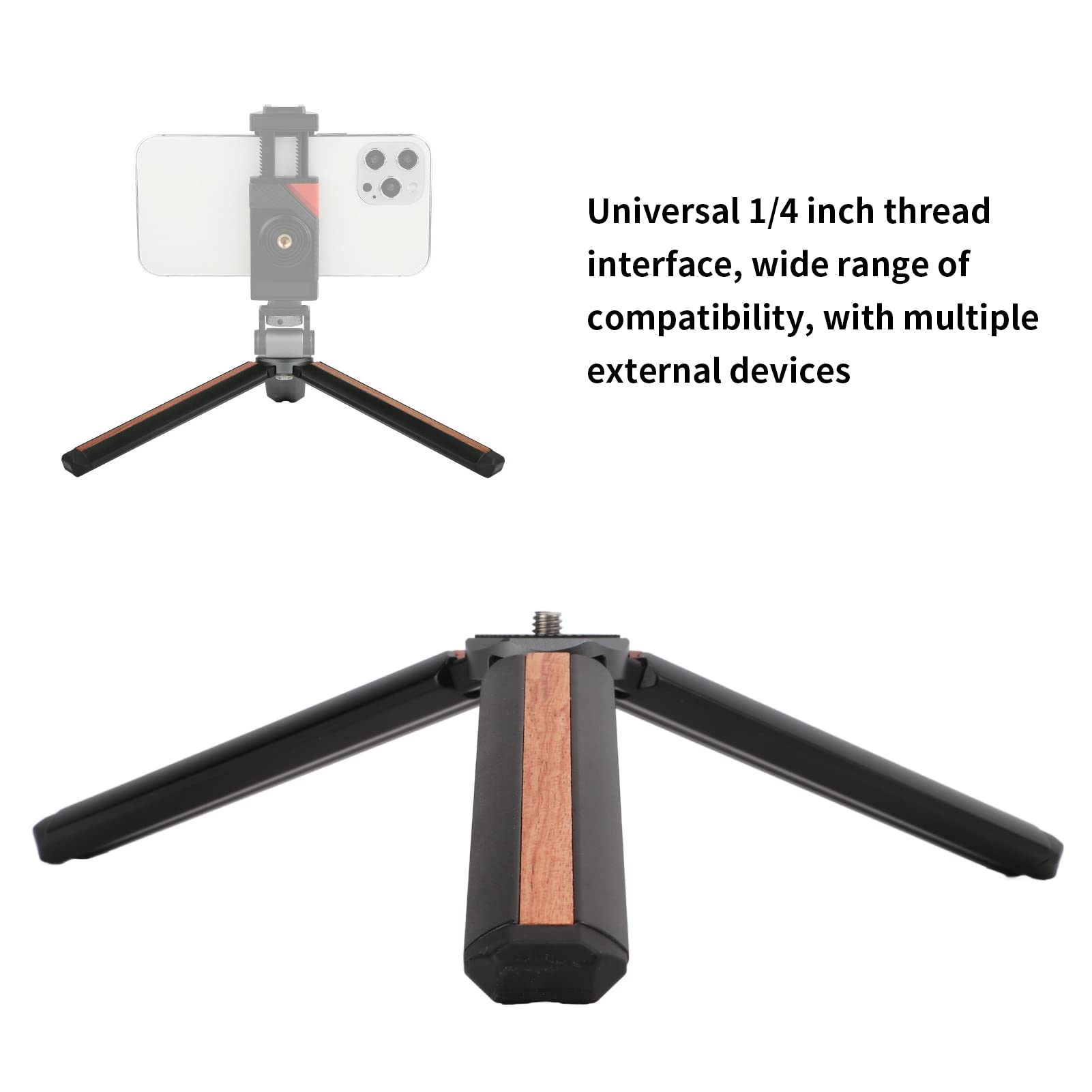 Treppiede da tavolo con vite da 1/4", lega di alluminio + treppiede in palissandro brasiliano per smartphone, fotocamera, live streaming e webcam