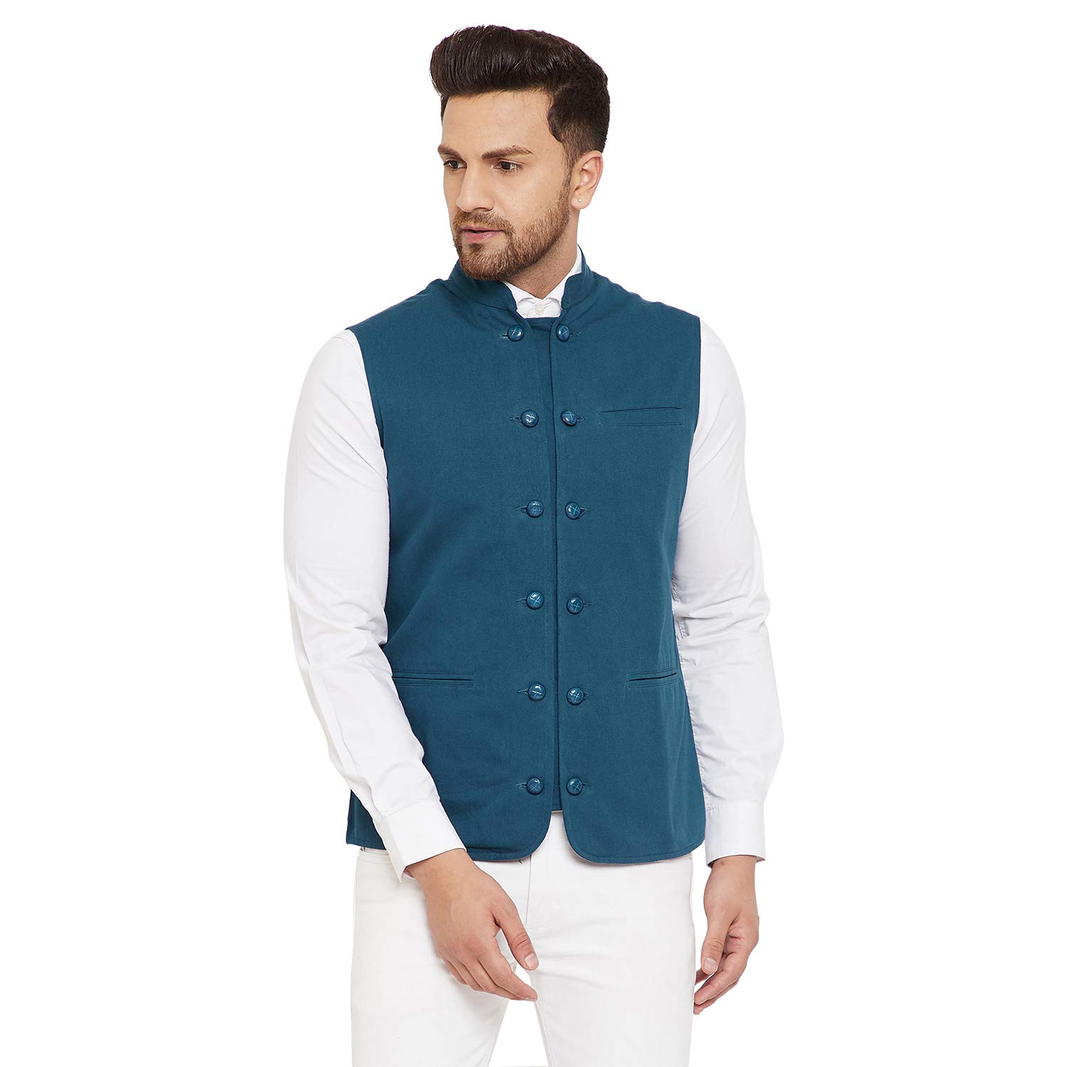 hypernation Teal Blue Color Cotton Men's Double Breast Waistcoat(HYPM03190)-picture-27