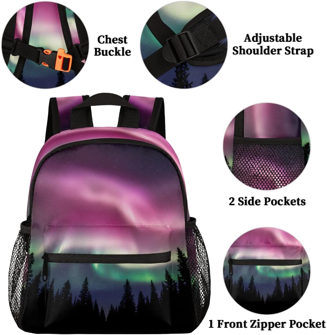 TropicalLife Toddler Backpack Aurora Northern Lights Toddlers Schoolbag with Chest Strap & Bottle Holder Rucksack for Preschool Nursery Girls Boys, Lightweight
