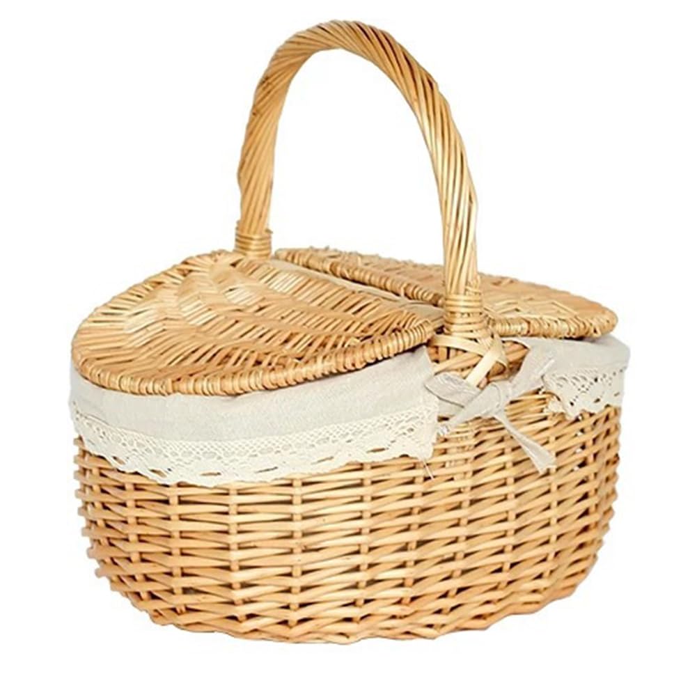 Kexpery Wicker Picnic Basket with Lining and Handle Vintage Rattan Basket for Outdoor Outings