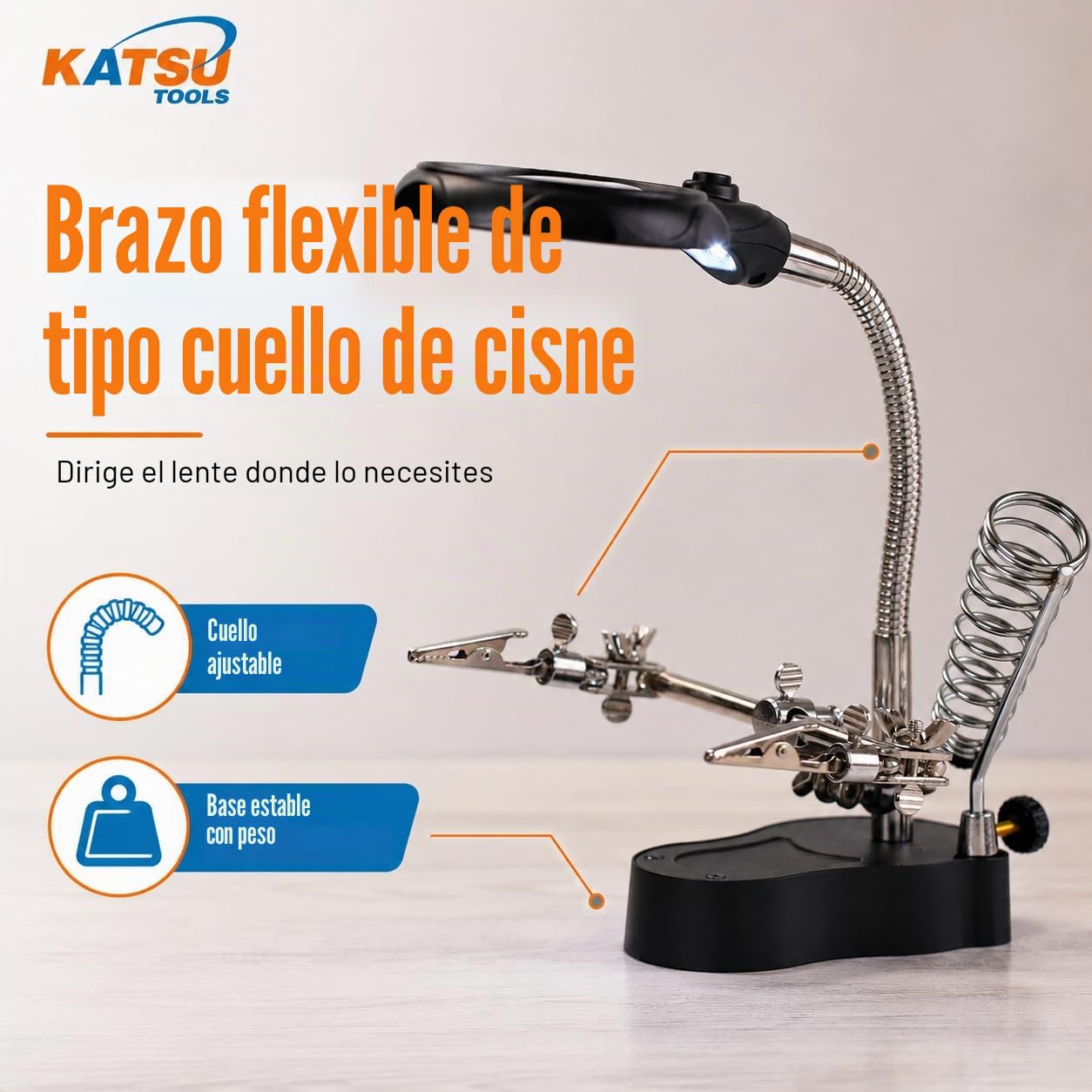 KATSU Lupa para Soldar con Lámpara LED Manos Amigas con Clips Lupa 3.5X 12X Dispositivos de Sujeción para Soldar con Pinzas de Cocodrilo para Trabajos de Reparación de Ensamblaje 990747