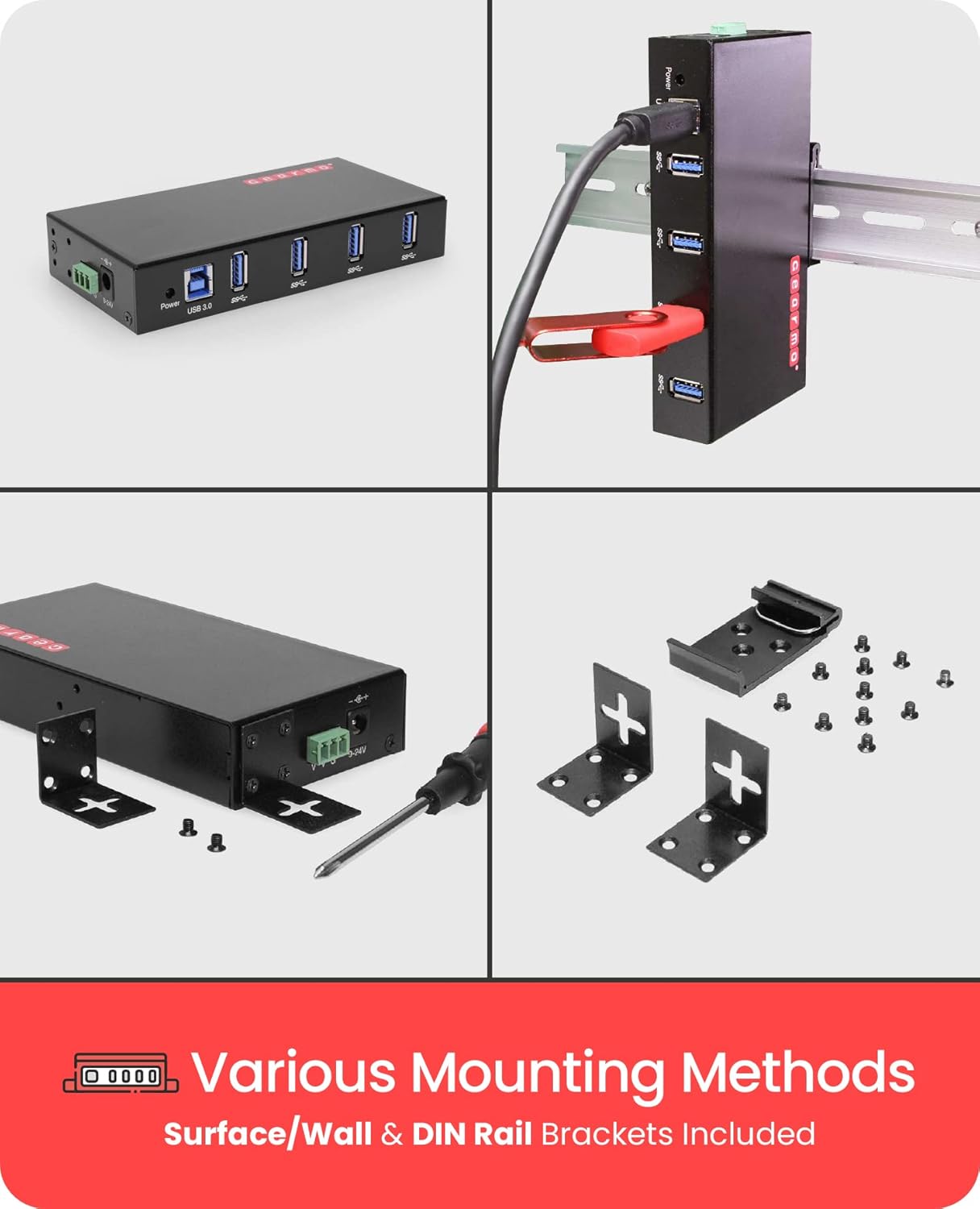 Gearmo USB 3.0 4-Port Hub, Industrial DIN Rail & Surface Mount, 5Gbps Speeds, Surge Protection