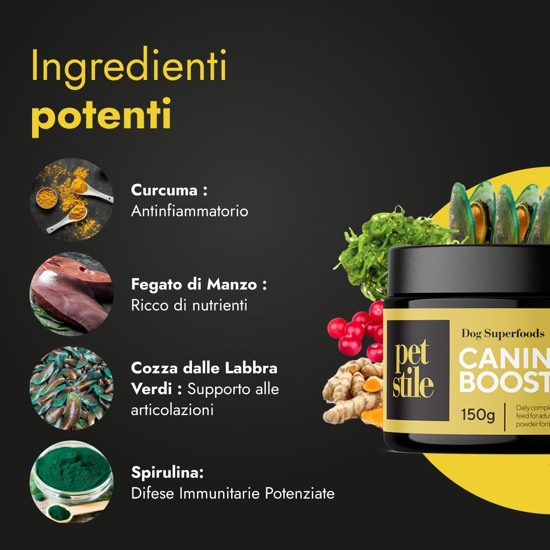 Canine Booster – Integratore per Cani Adulti con Cozza Verde, Curcuma e Probiotici per Articolazioni, Digestione, Pelle, Pelo e Sistema Immunitario (1x 150 g)