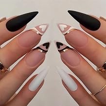 Press on Nails Medium Stiletto Fake Nails with Black White Pink Heart Swirl Designs False Nails 24 Pcs