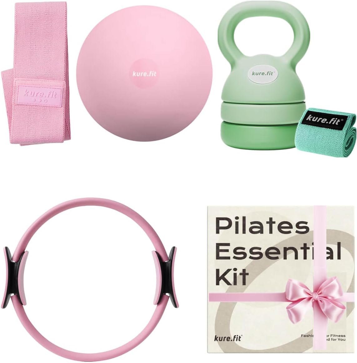Green Adjustable Kettlebell 5lb to 12lb and Pink Pilates Kit Bundle