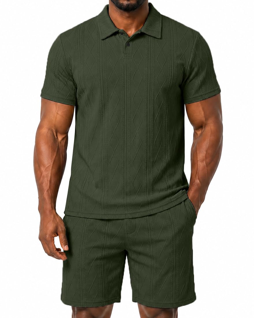 DEEX Men's Summer Beach Outfits 2 Piece Casual Shorts Short Sleeve Track Suits Golf Polo Vacation Texture Sets 2026