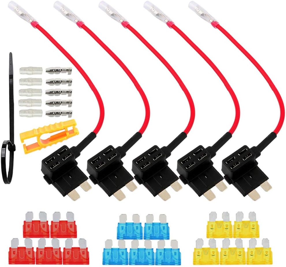 FULARR® 5Pcs Premium ACU Medium Add-A-Circuit Fuse Tap, Piggy Back Blade Fuse Holder Kit with Wire Harness, Free Standard Blade Fuses X 15Pcs, Fuse Puller X 1Pcs, Wire Ties X 5Pcs –– 12V / 24V