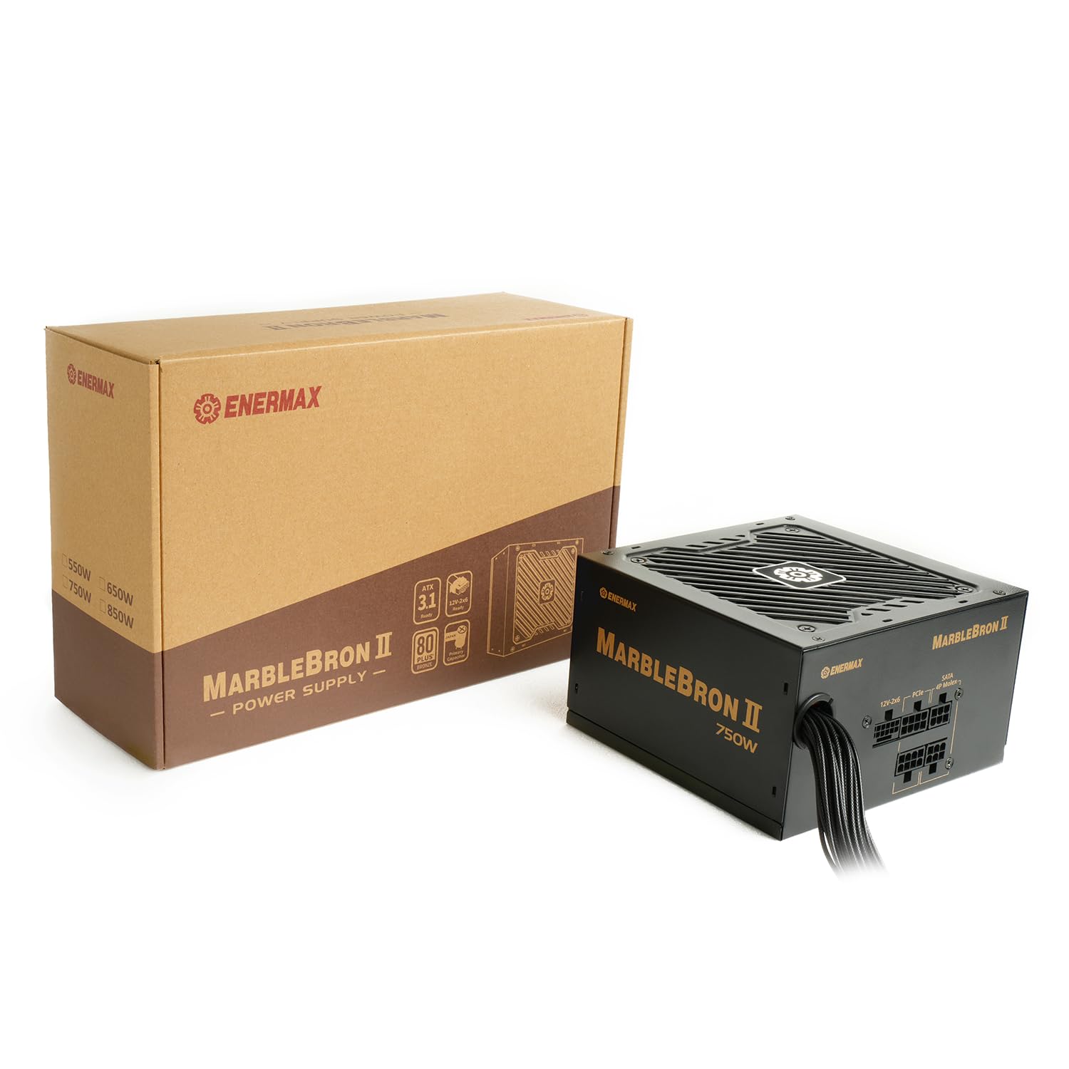 ENERMAX MARBLEBRON II - Fuente de alimentación Modular para Juegos (750 W, 3.1 ATX, PCIe 5.1, Cable de Manga indiv), Color Bronce 80 Plus, Ventilador FDB silencioso de 12 cm, CC a CC con Condensador