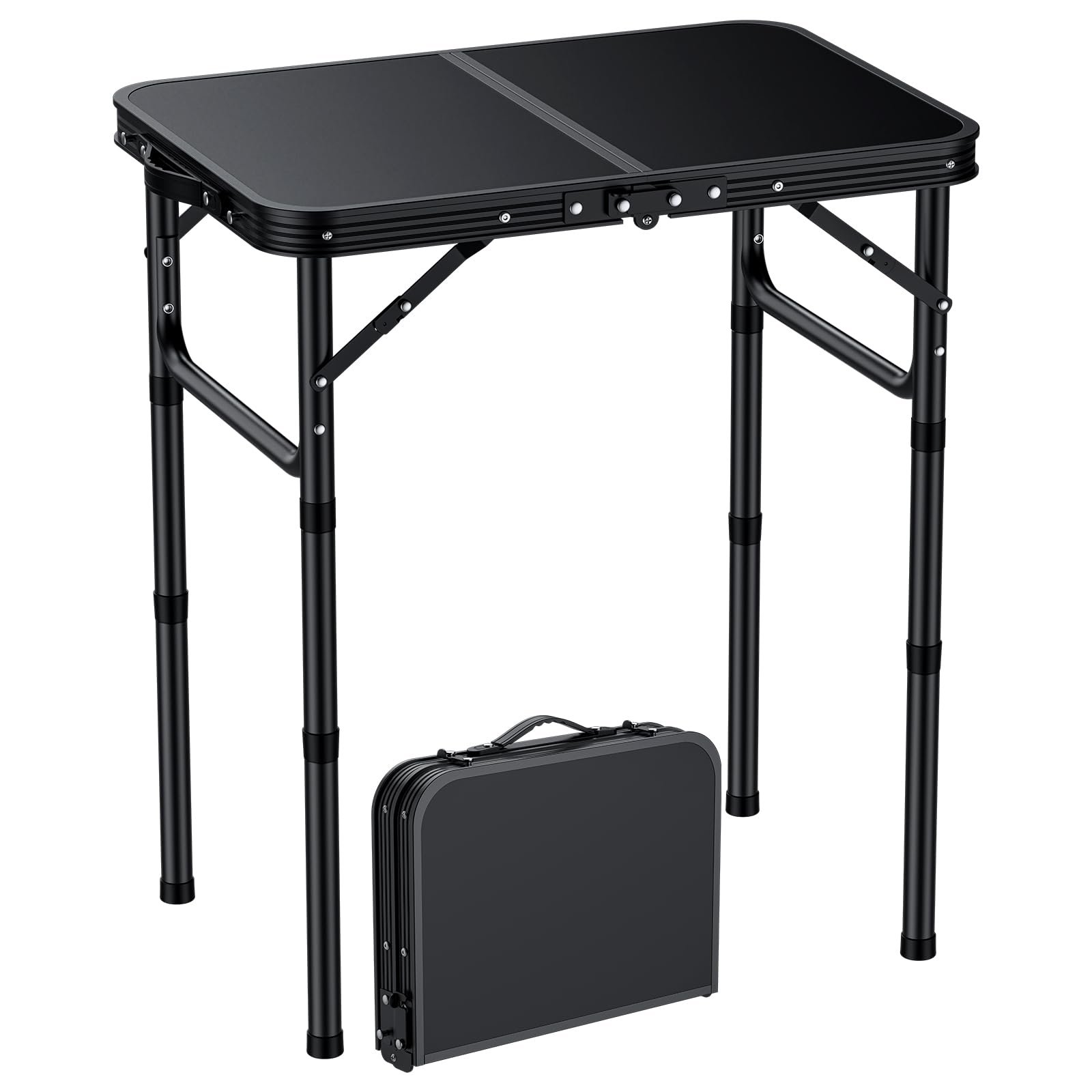 EYPINS Table Pliante Portable Multifonction 3 Hauteurs(25/50/70 cm) en MDF Noir avec Cadre Acier Argenté,Pliable,Charge 30 kg pour Camping,Pique-Nique,Bureau Maison,Usage Intérieur/Extérieur(Noir)