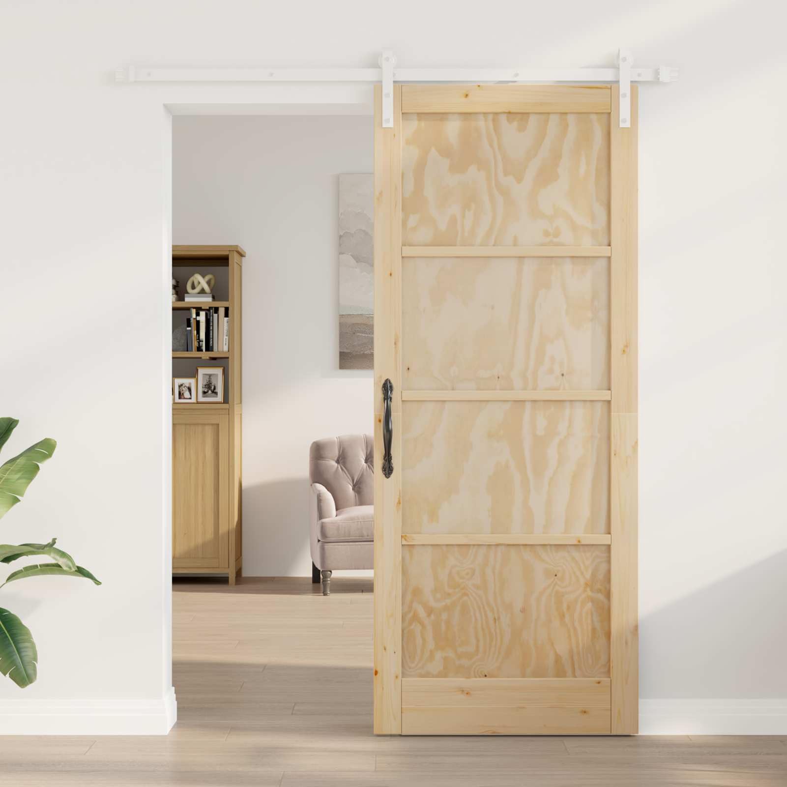 Schiebetür aus Massivem Kiefernholz, 86 x 211 cm, Natürlich und Weiß, mit oberer Laufschiene, platzsparendes Design, für Innenräume, leises und sanftes Gleiten, einfache Montage3445421