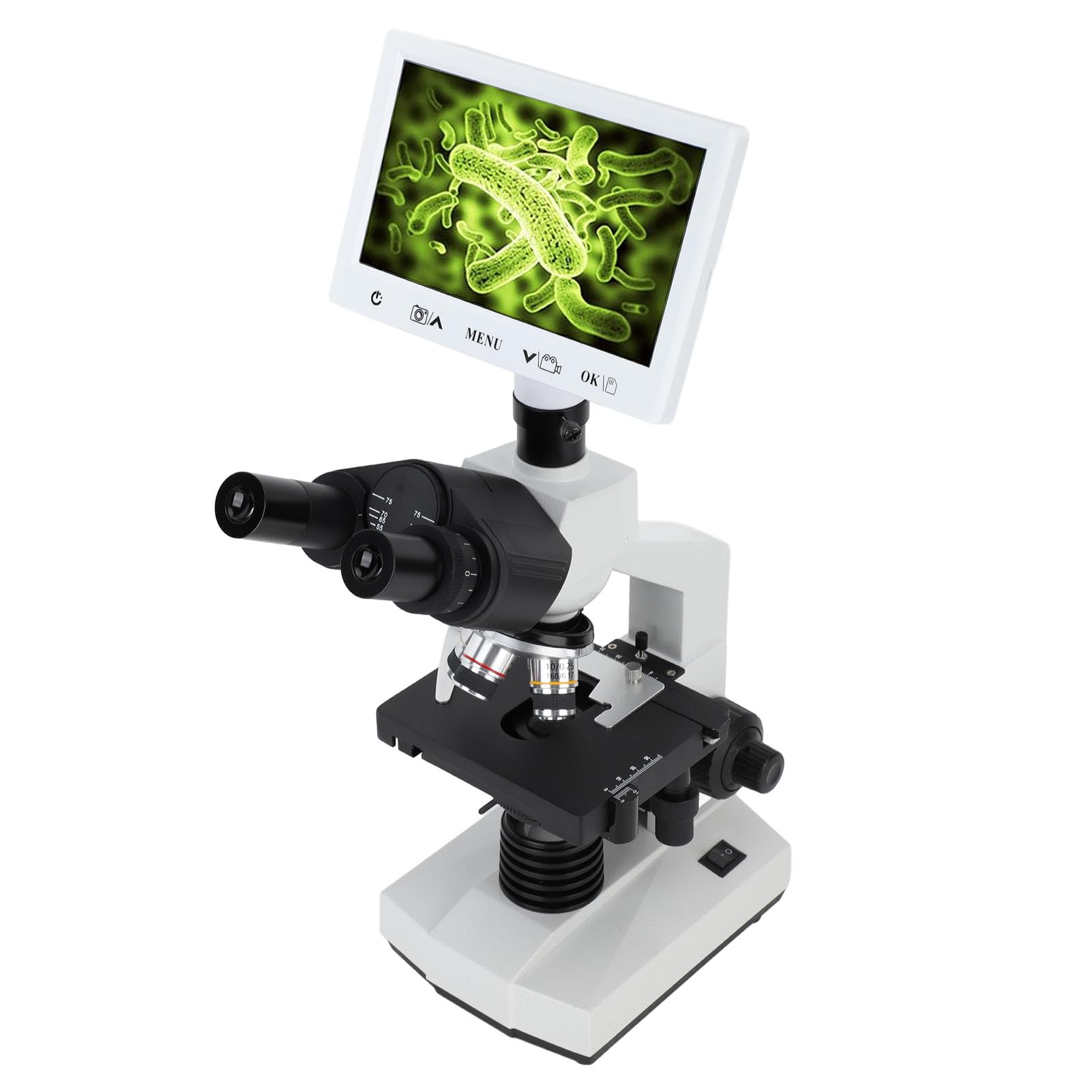 Microscopio Trinocular Pantalla de 7 Pulgadas Microscopio Biológico con Aumento de 40X a 1600X con Plataforma Mecánica para Tomar Fotografías Grabar Tarjeta de Memoria (Enchufe