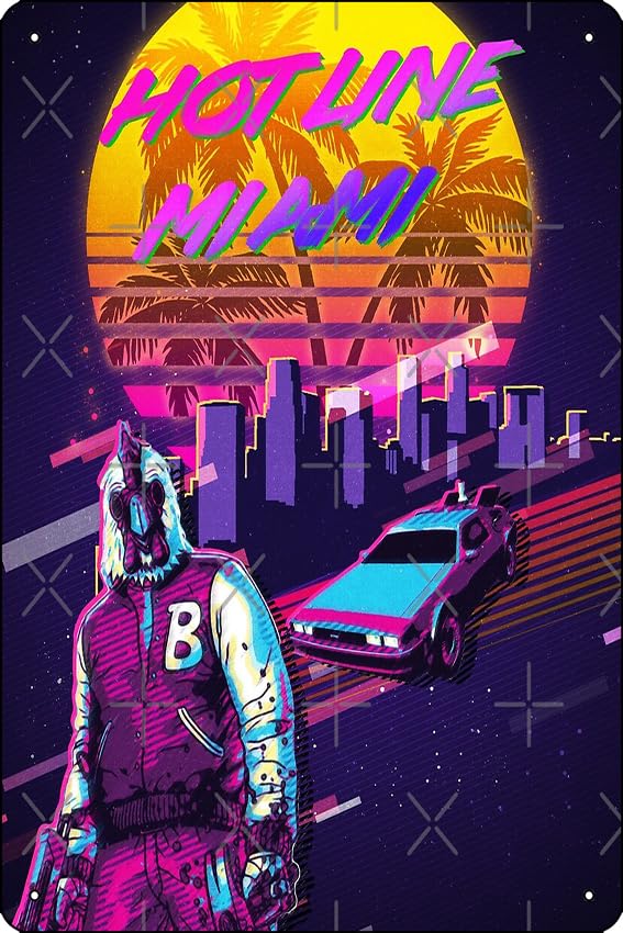 OedrtqiHotline Miami Outrun Print 8 x 12 Inch Funny Metal Tin Sign Game Room Man Cave Wall Decor