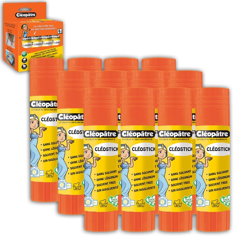 Cléopatre - Cléostick - 12 Barras de Pegamento - Ideal para Trabajos Escolares a partir de 6 Años - Aplicación Fácil y Precisa - Sin Disolventes -12x8g