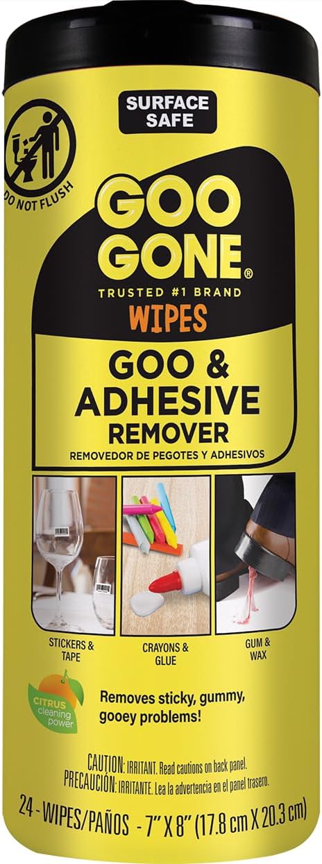Clean Up Wipes Adhesive Remover - 24 Count - Removes Adhesive Residue Labels Stickers Crayon Tree Sap Gum Masking Tape Glue And More