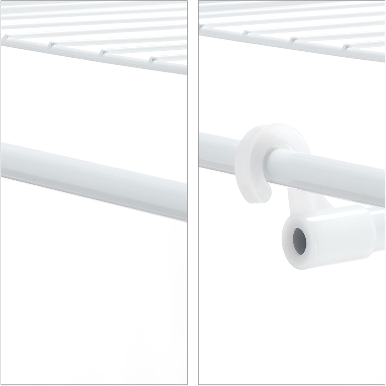 Close-up of the clothes rail and its attachment point, showing a hook-like design.