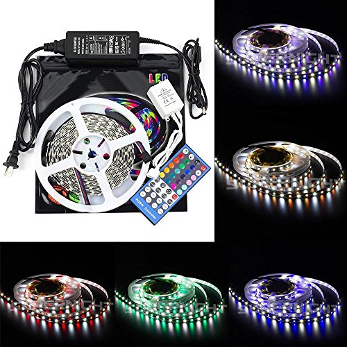 SUPERNIGHT LED Strip Lights Kit Waterproof 16.4FT 5050 RGB + Cool White Color Changing Flexible Rope Lights Waterproof 300 LEDs TV Back Lighting with Remote Controller and 12V Power Supply