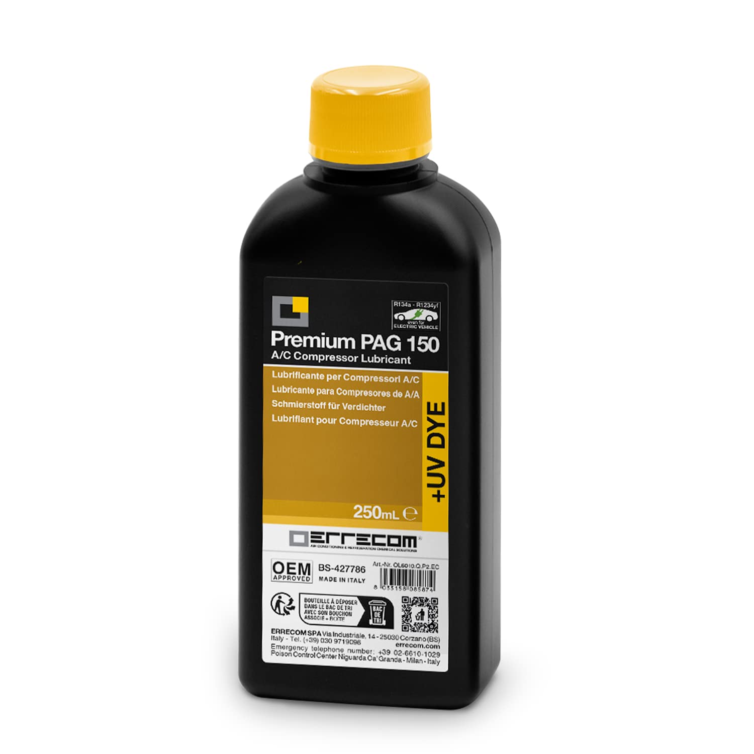 ERRECOM PAG 150 + UV Dye - 250 mL, Vehicle A/C Compressor Oil, compatible also with Electric Compressors, suitable for R134a and R1234yf refrigerant gases, Contains Fluorescent Dye