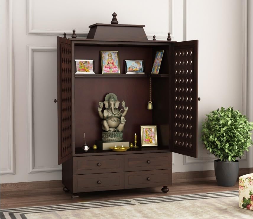 Image of Solid Sheesham Wood Temple for Home & Office /Mandir /God Stand /Pooja Stand /Home Mandap /Mandapam with Cabinet Doors & Multiple Storage /Shelf with Drawers (Walnut2, 32x15x57 inch)